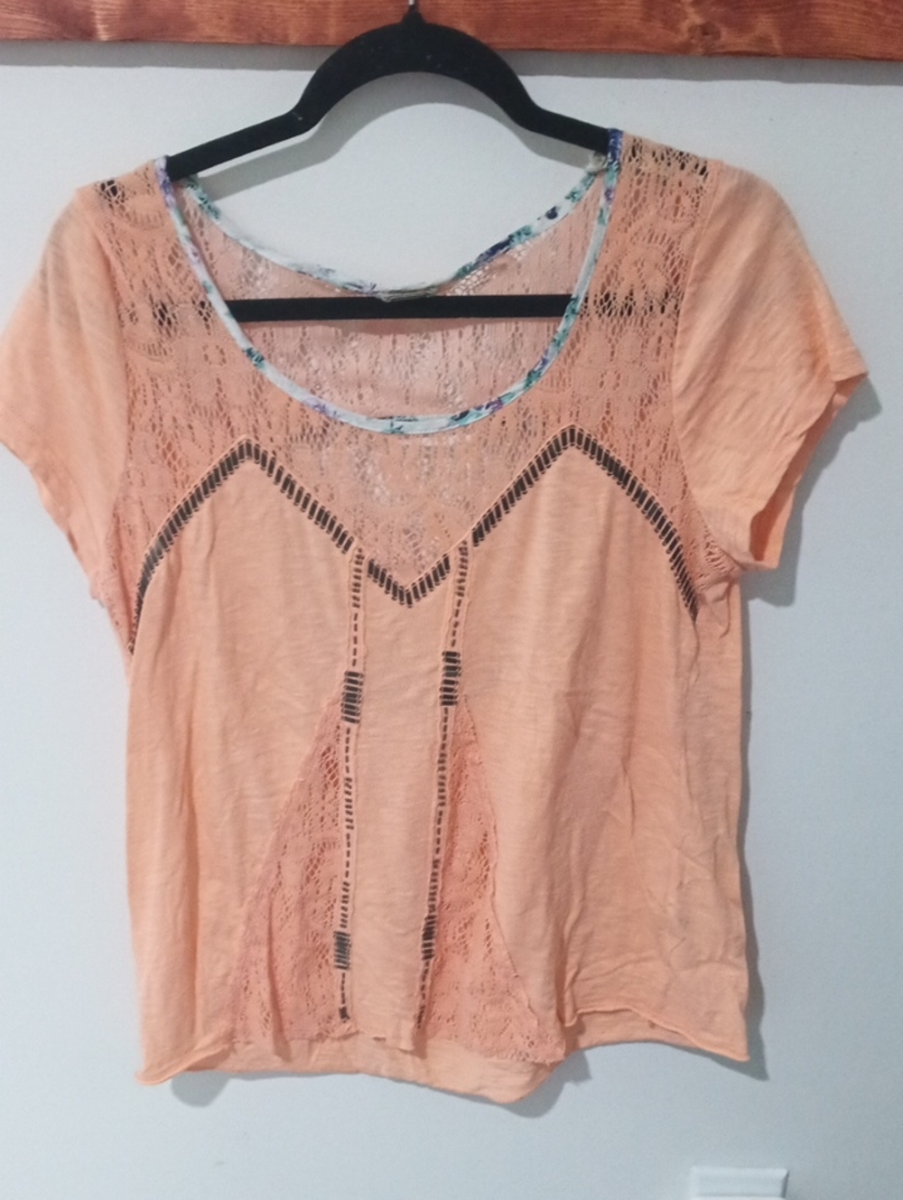 BKE Peach Lace Inset Short Sleeve Top